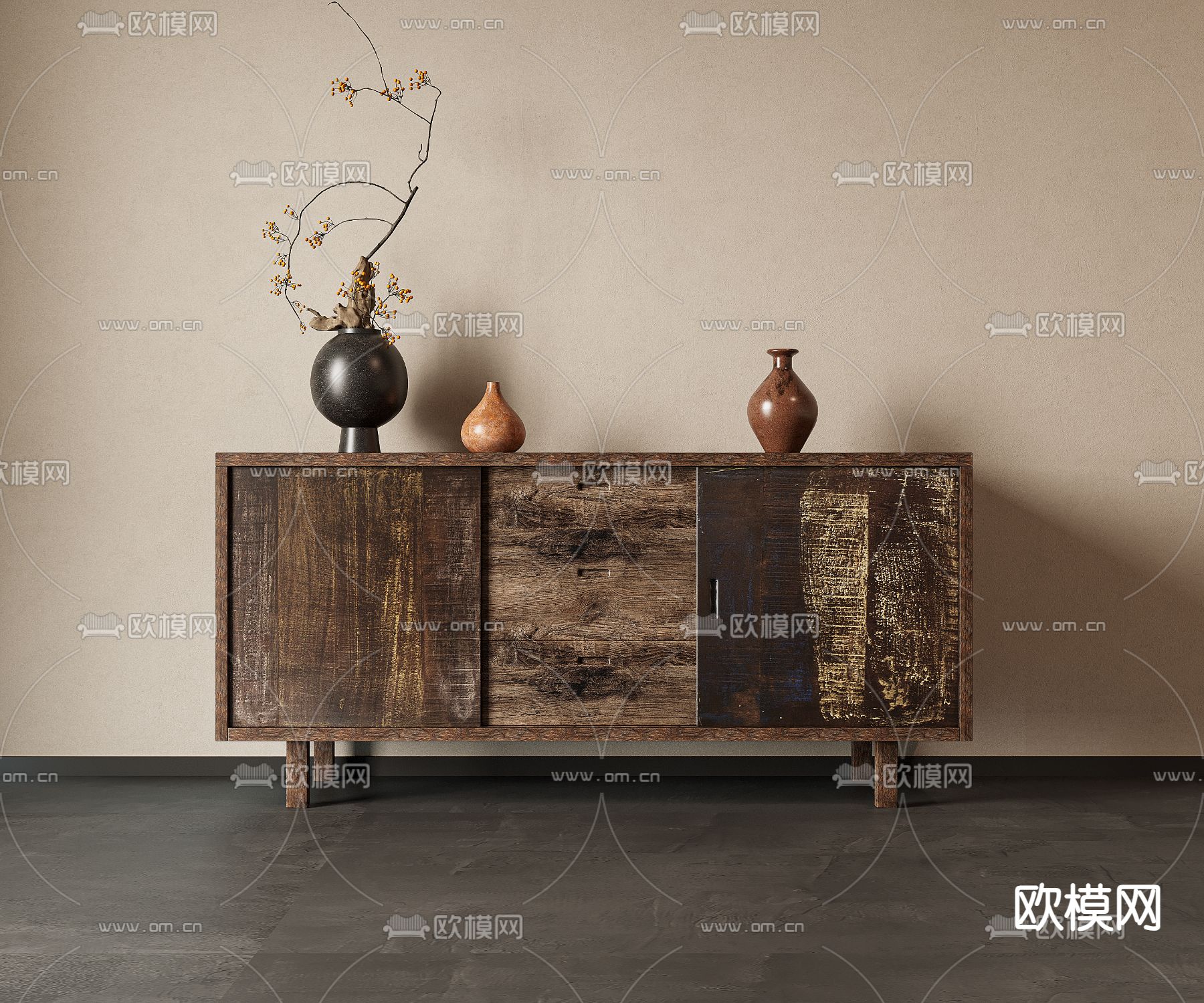 侘寂风旧木玄关柜3d模型下载