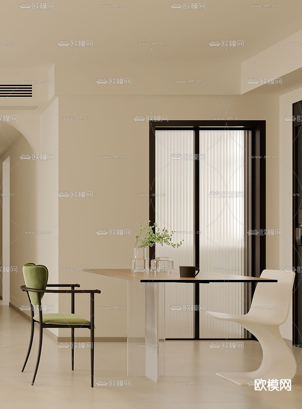 奶油风餐厅3d模型下载（渲染图2）