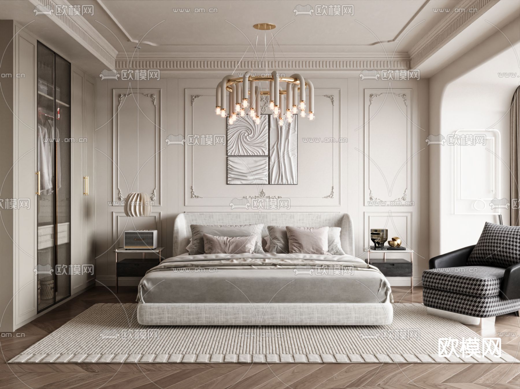奶油风卧室 主人房su模型下载（渲染图2）