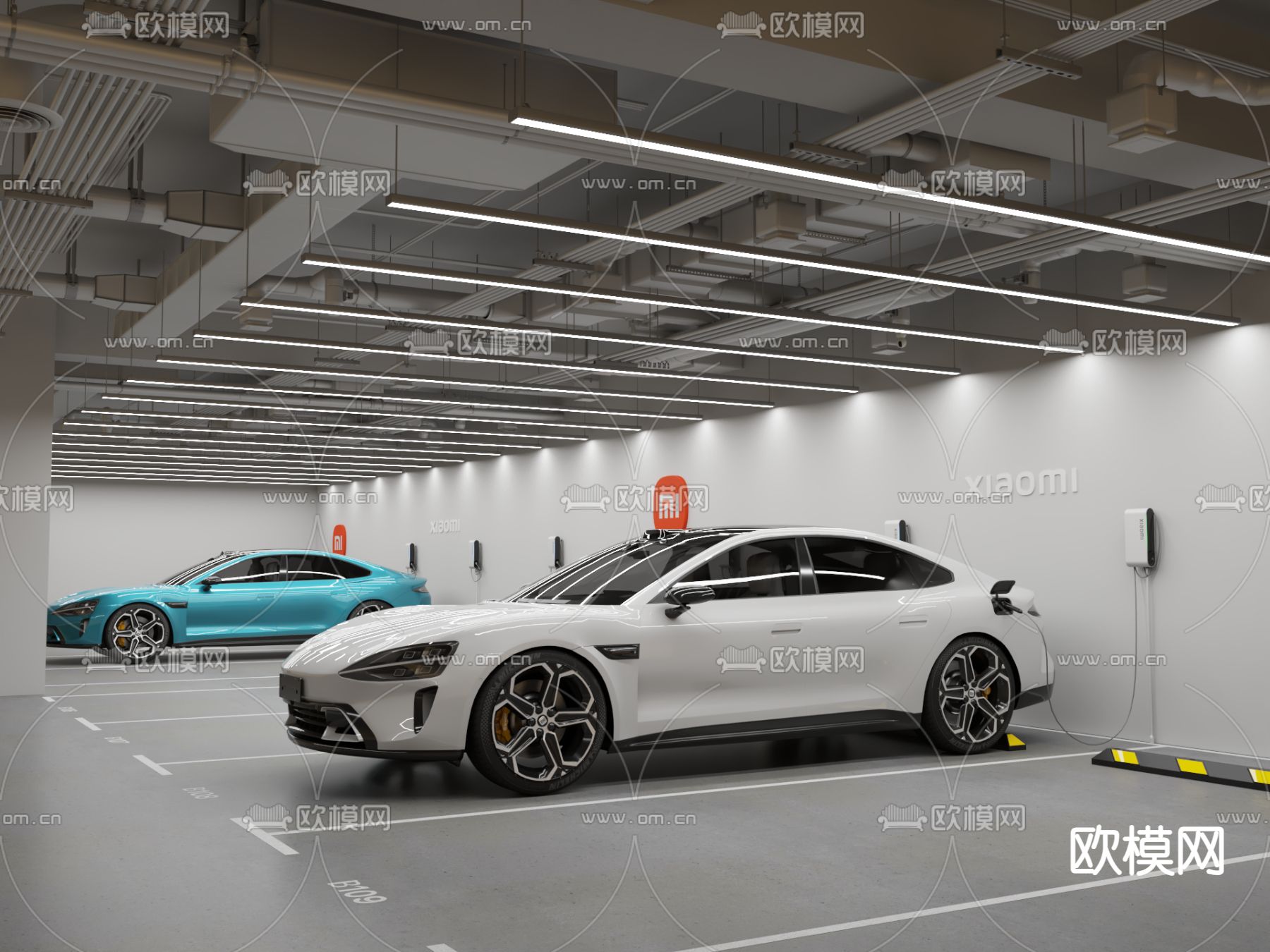 小米充电停车位 地下车库su模型下载（渲染图1）
