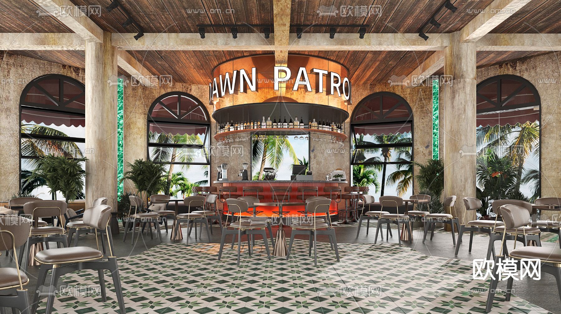 工业风清吧 网红餐厅3d模型下载（渲染图1）