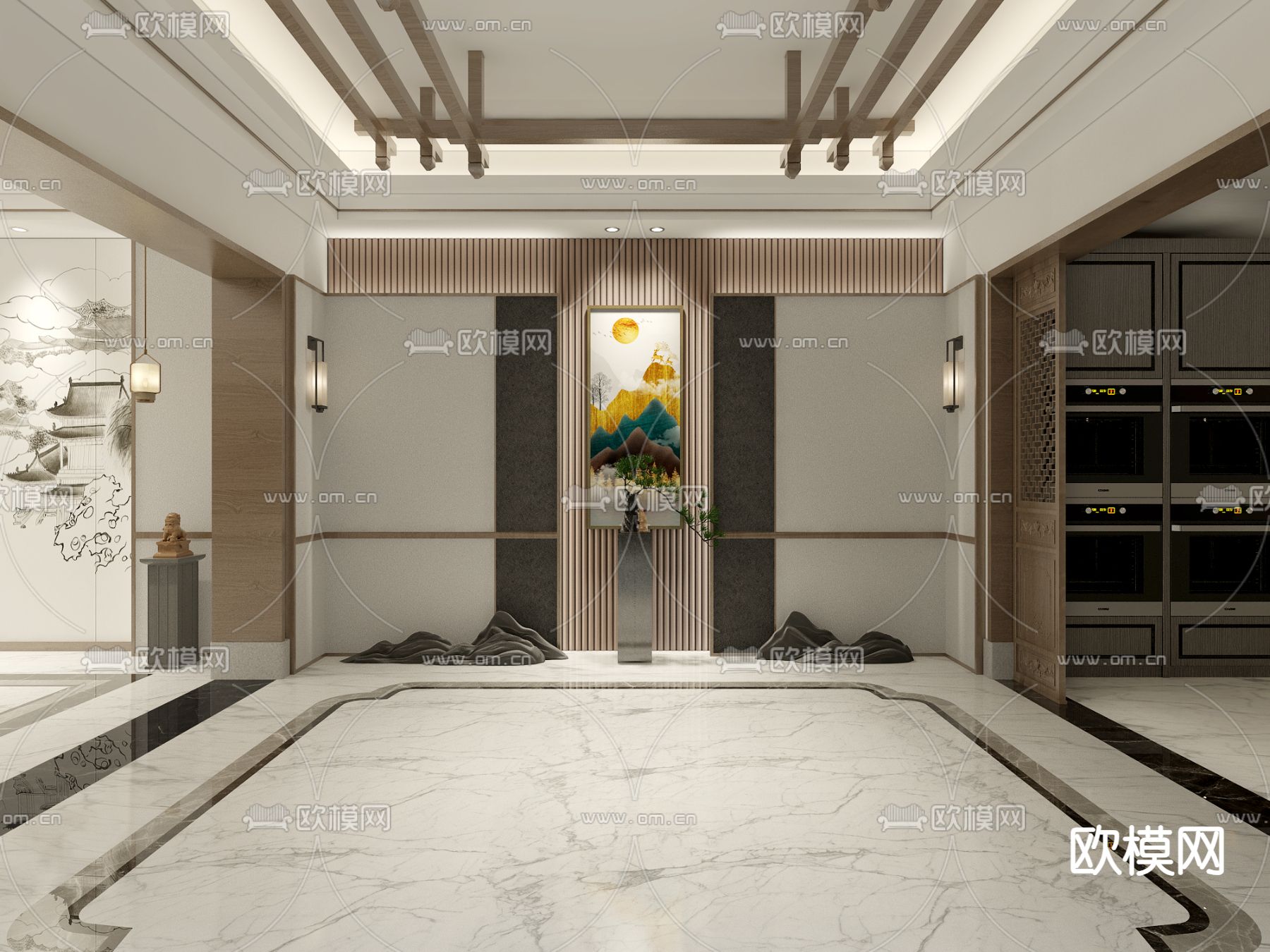 新中式地下室 茶室3d模型下载（渲染图2）