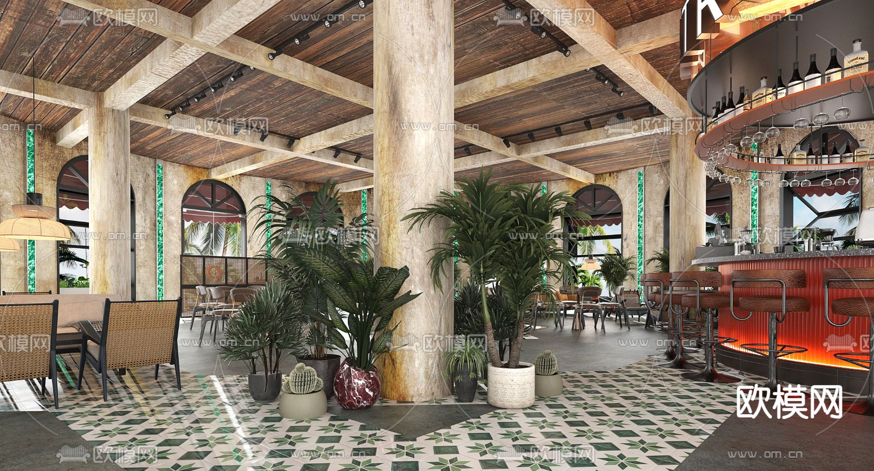 工业风清吧 网红餐厅3d模型下载（渲染图2）