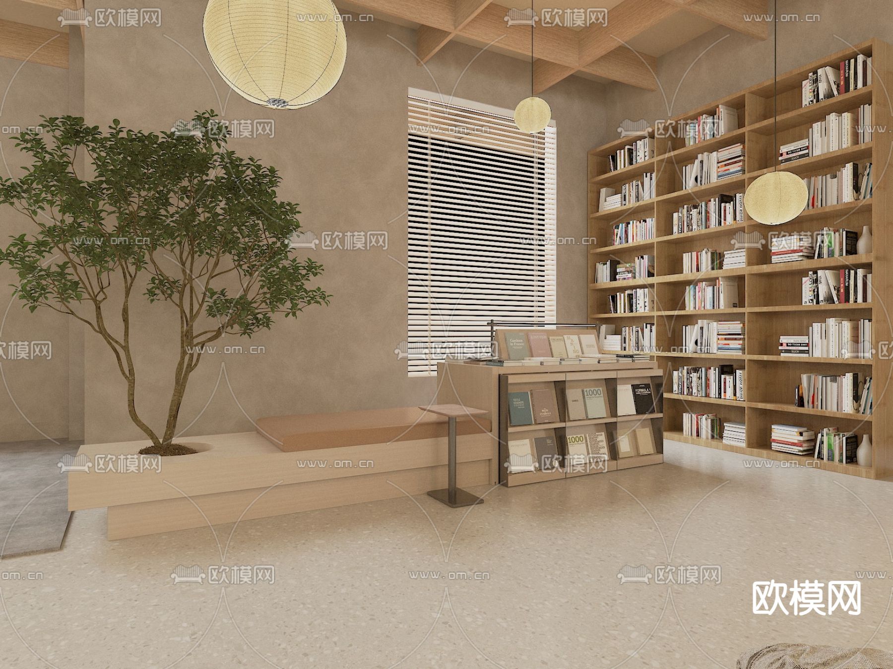 侘寂风图书馆 书咖3d模型下载（渲染图1）