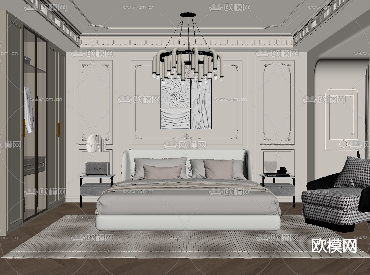 奶油风卧室 主人房su模型下载（渲染图1）