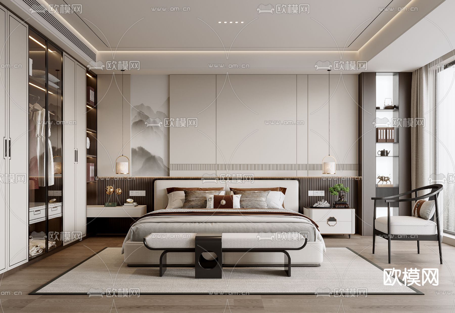 新中式卧室 主卧 主人房3d模型下载