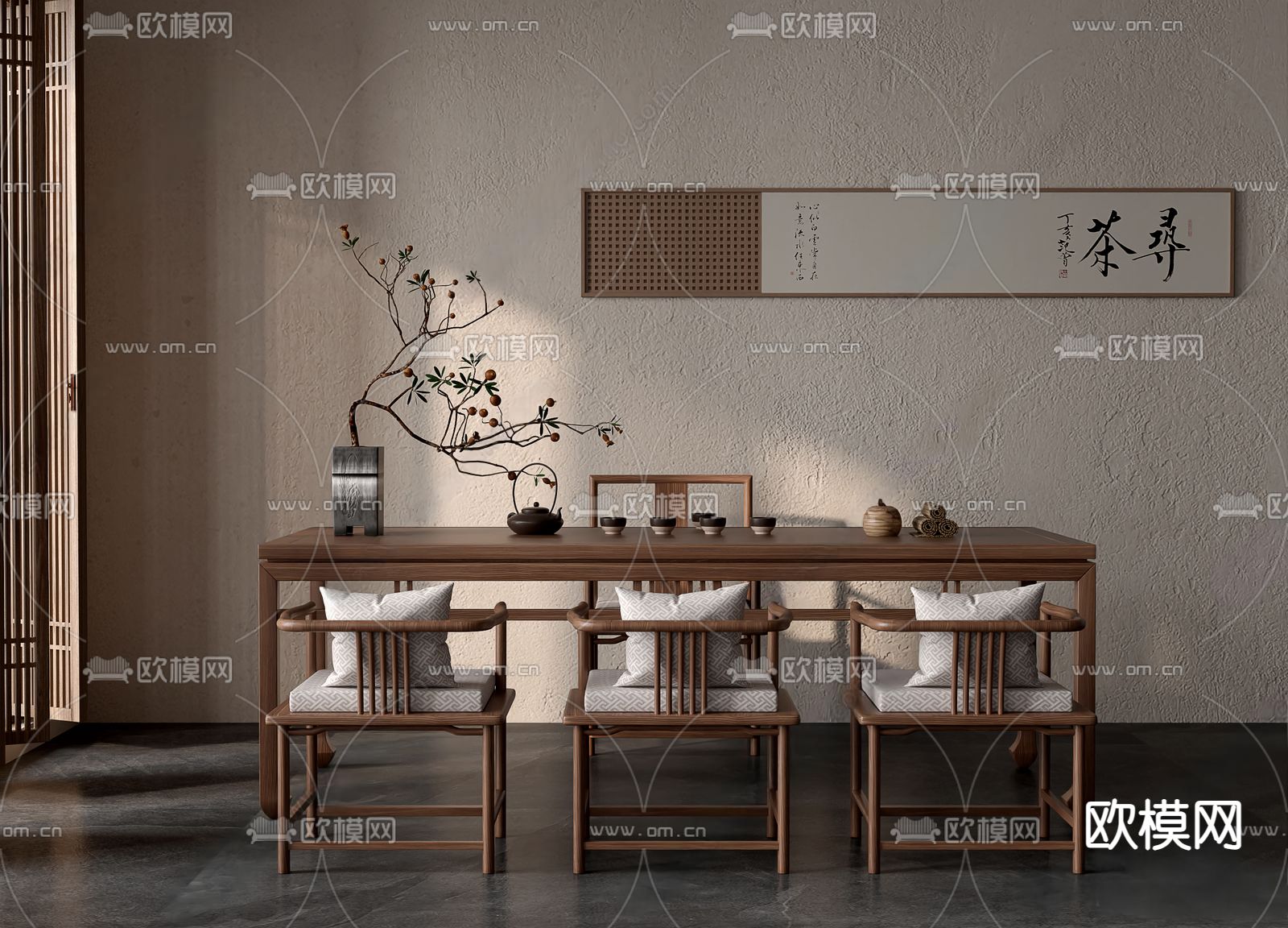 新中式实木茶桌椅3d模型下载