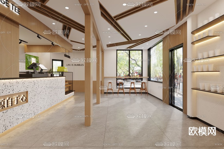 原木风奶茶店3d模型下载(渲染图3)