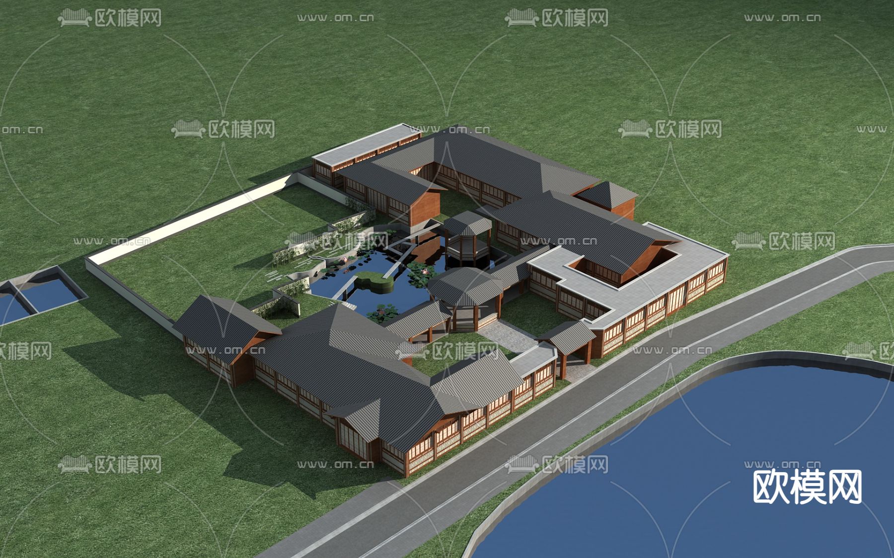 中式四合院外观3d模型下载