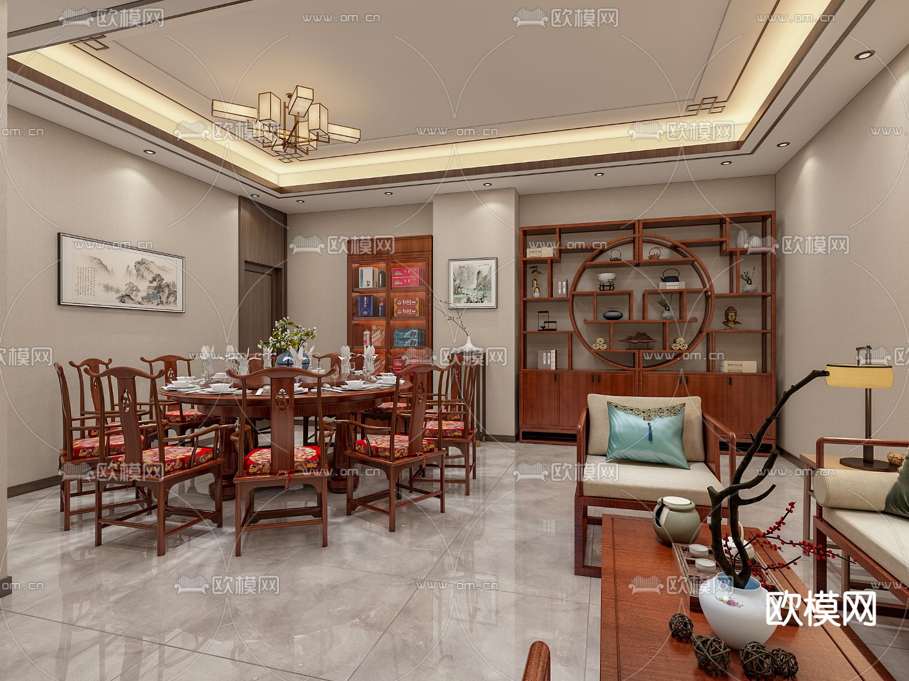 中式包厢 中餐厅包房3d模型下载（渲染图2）