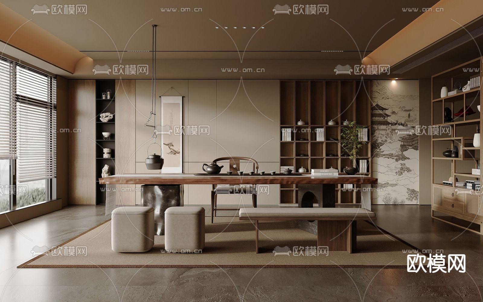 新中式茶室3d模型下载_ID15223311_3dmax免费模型-欧模网