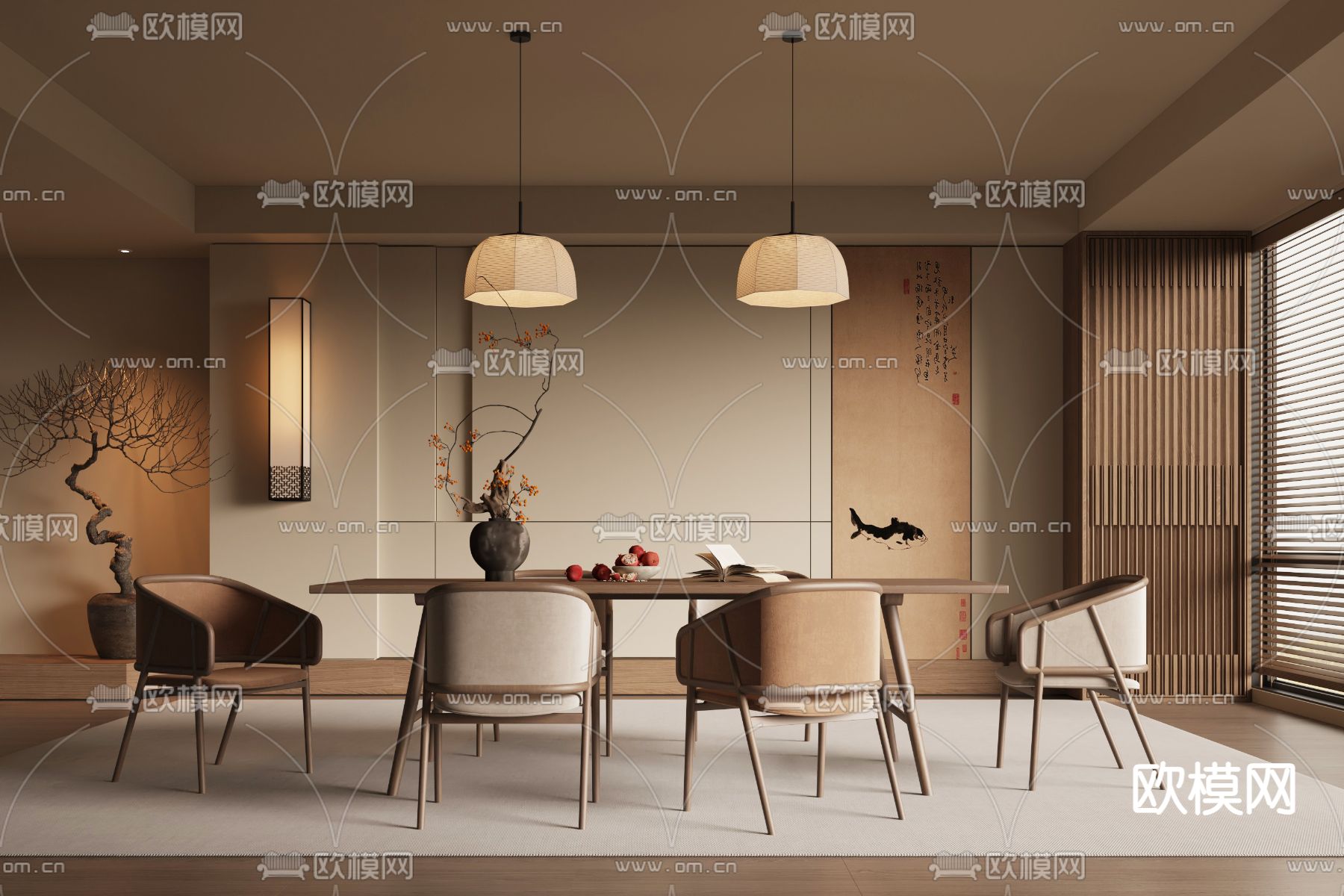 新中式餐厅su模型下载（渲染图2）