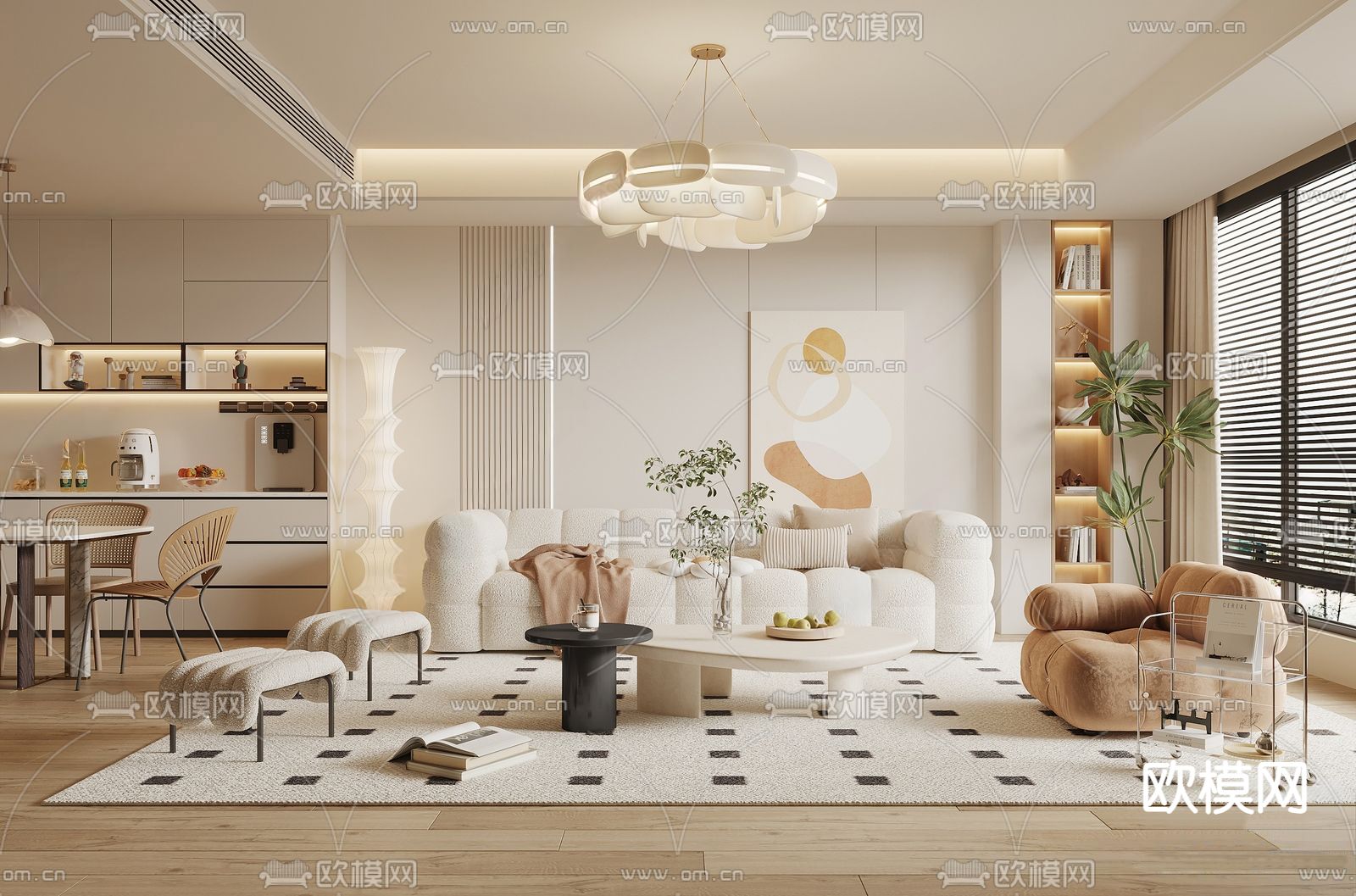 奶油风客餐厅3d模型下载