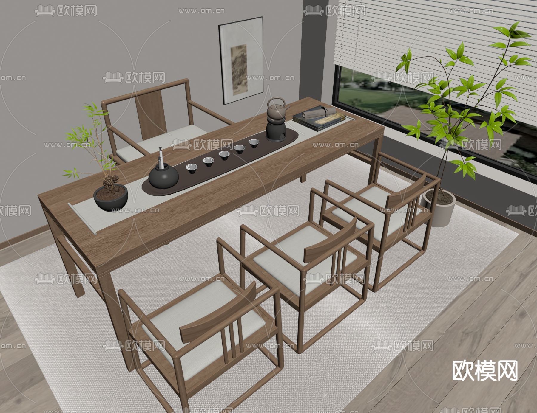 新中式茶桌椅su模型下载（渲染图1）