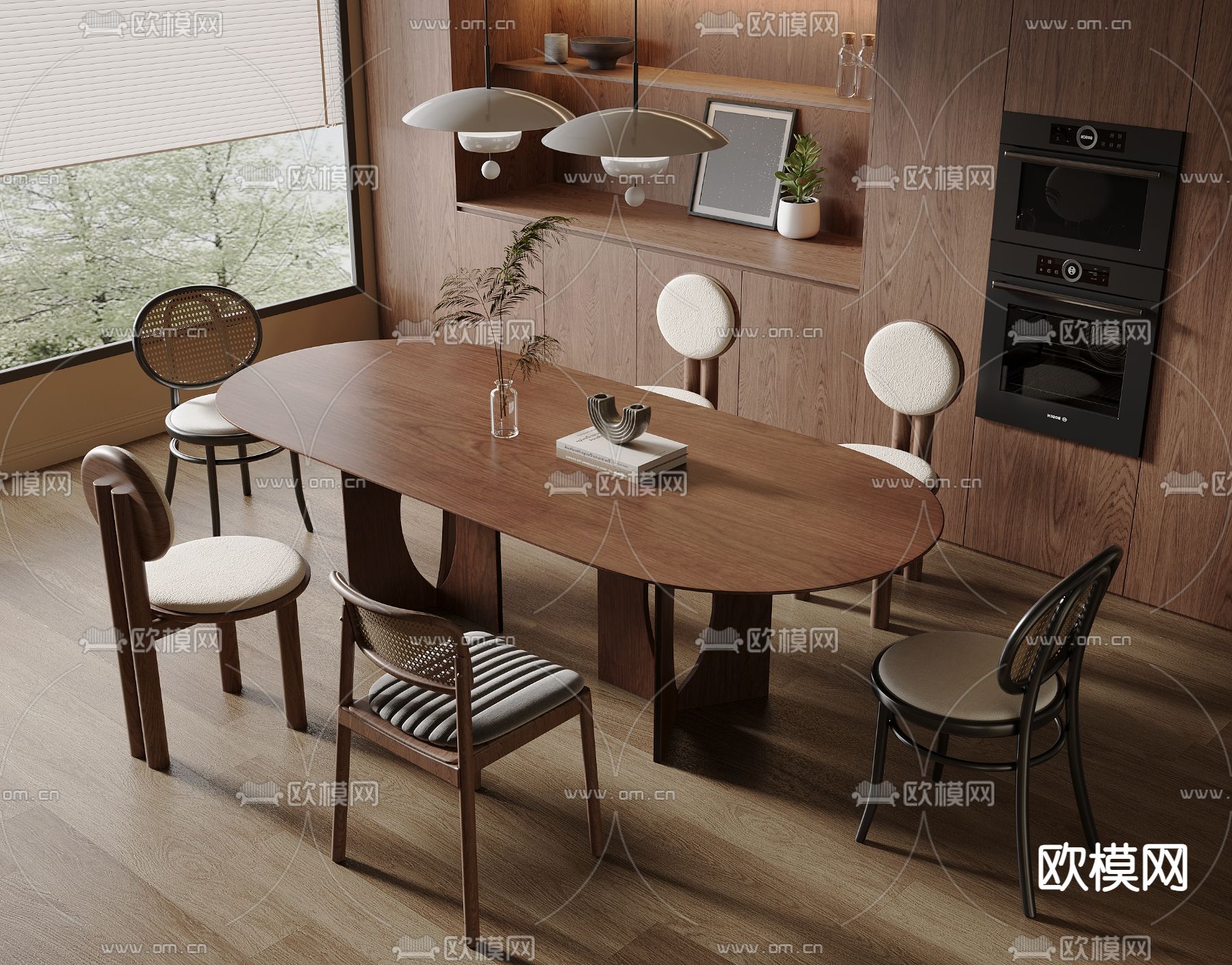 中古风餐桌椅 椭圆餐桌3d模型下载（渲染图2）