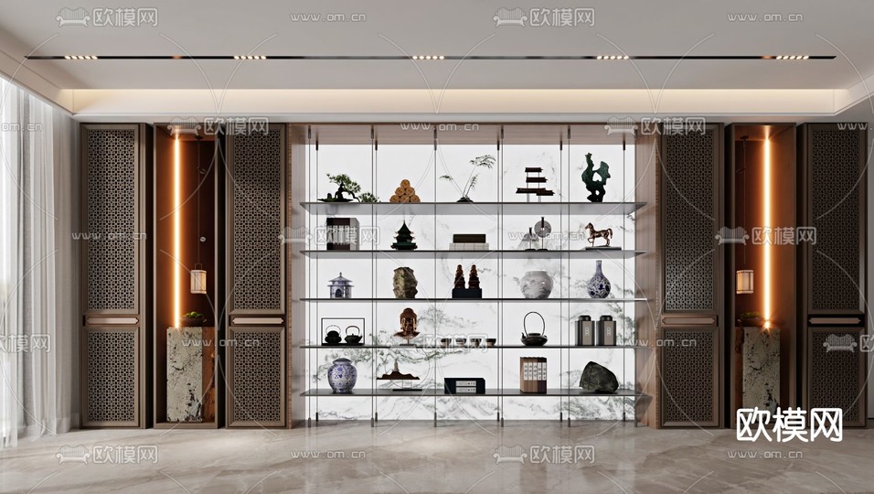 新中式装饰柜 置物架 展示架3d模型下载
