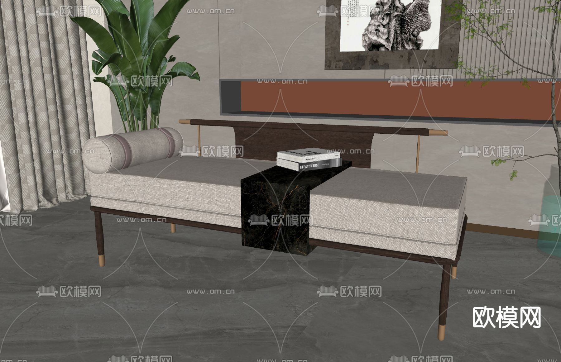 新中式贵妃椅su模型下载（渲染图1）