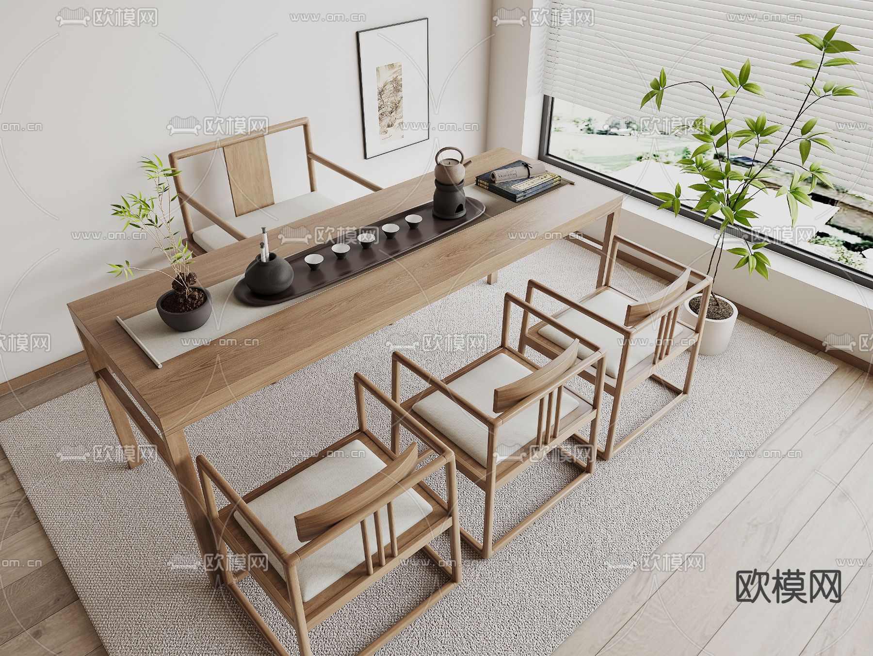 新中式茶桌椅su模型下载（渲染图2）
