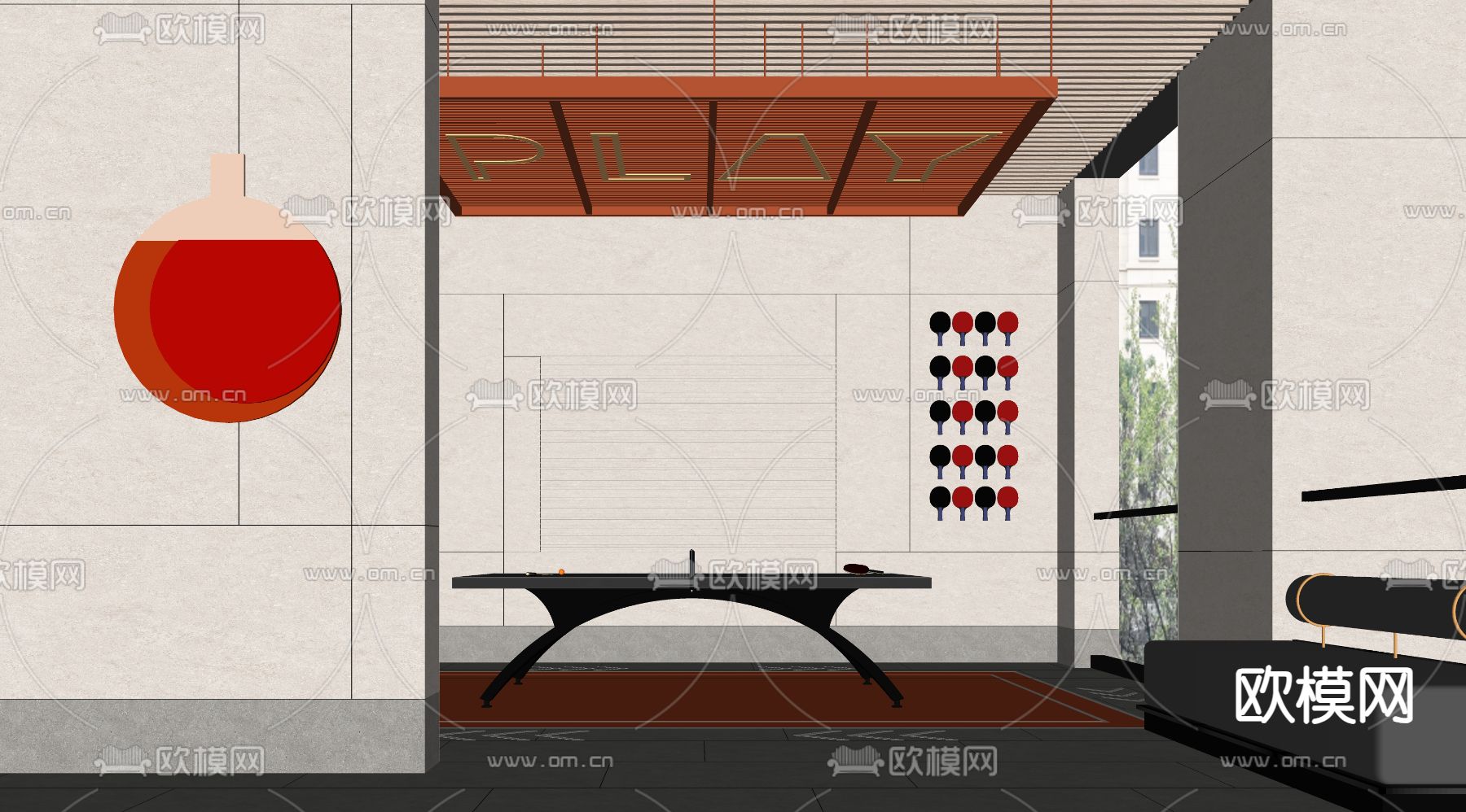 公共健身区 乒乓球室su模型下载（渲染图1）
