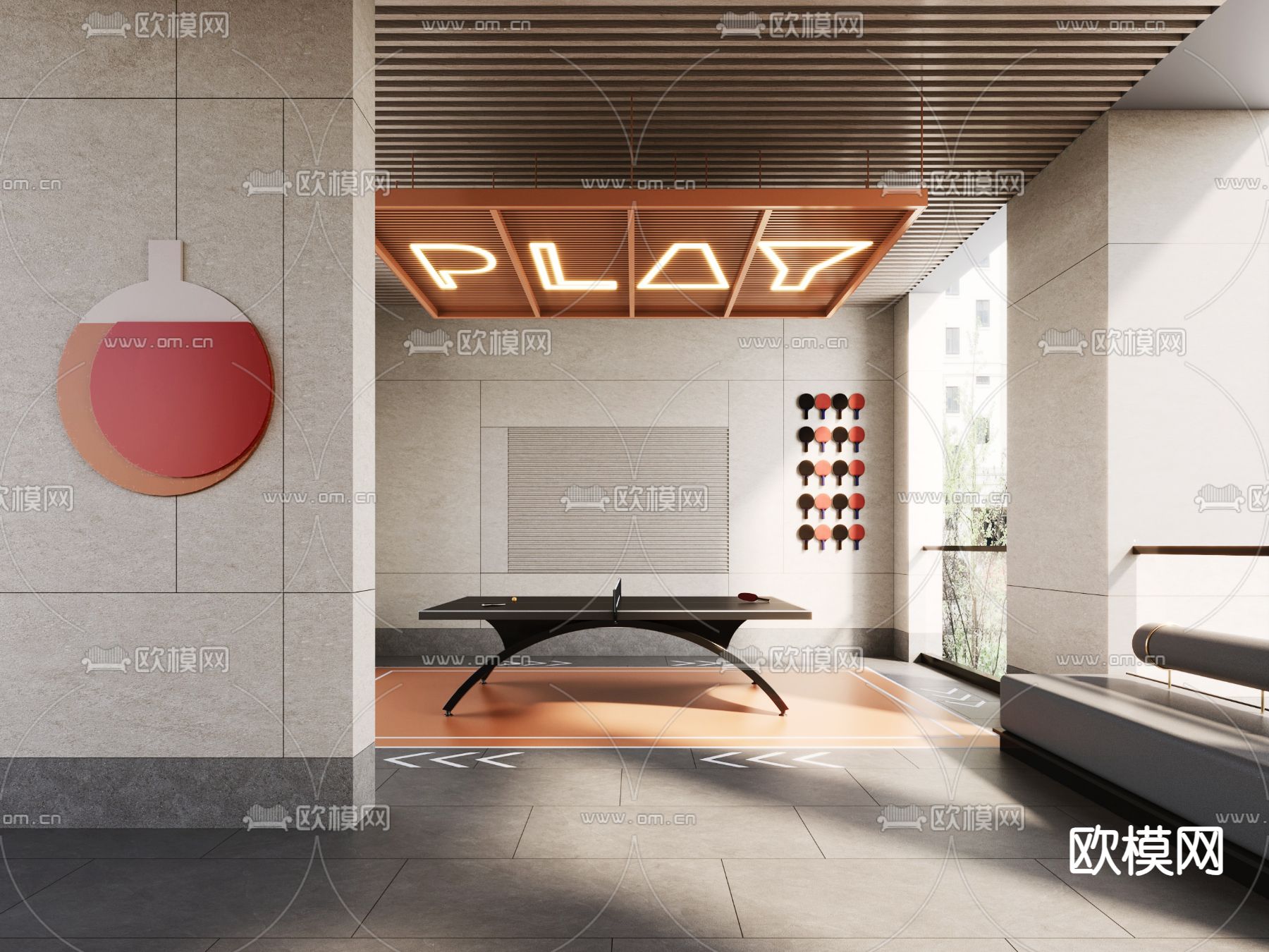 公共健身区 乒乓球室su模型下载（渲染图2）