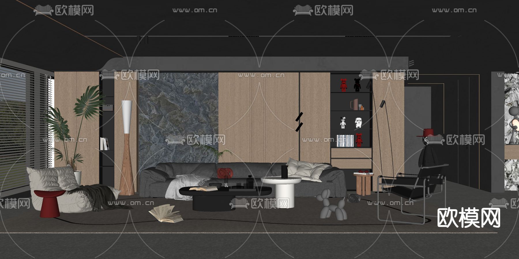 暗黑风客厅su模型下载（渲染图1）