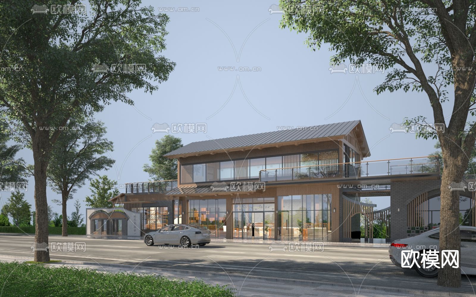 新中式服务区外观3d模型下载