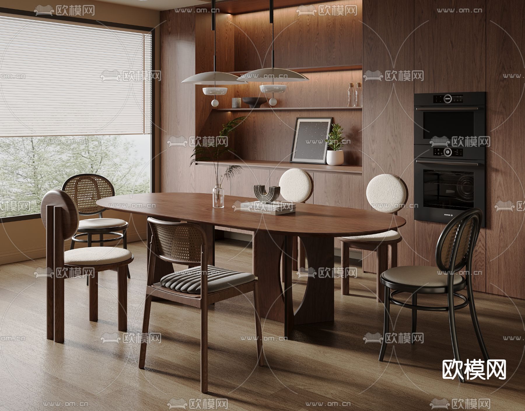 中古风餐桌椅 椭圆餐桌3d模型下载（渲染图1）