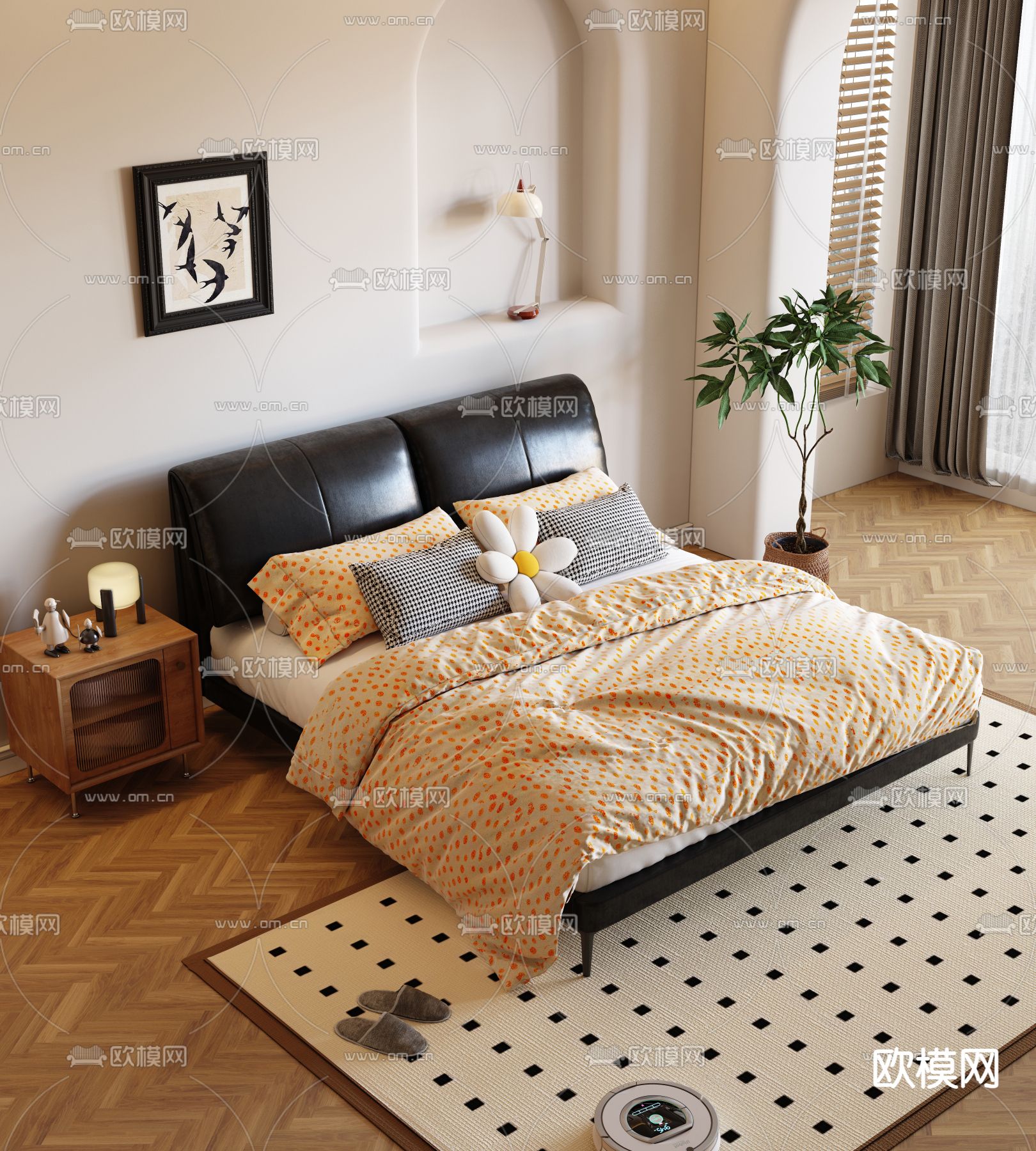 皮革双人床3d模型下载（渲染图2）