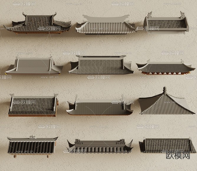 中式屋檐 屋顶 瓦片 屋脊3d模型下载