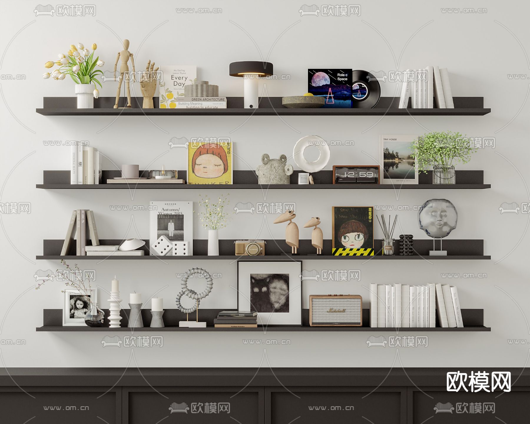 现代装饰品 摆件 书籍 花瓶3d模型下载