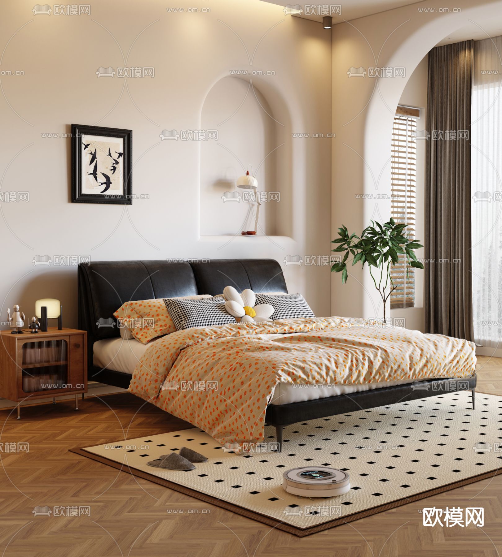 皮革双人床3d模型下载（渲染图1）