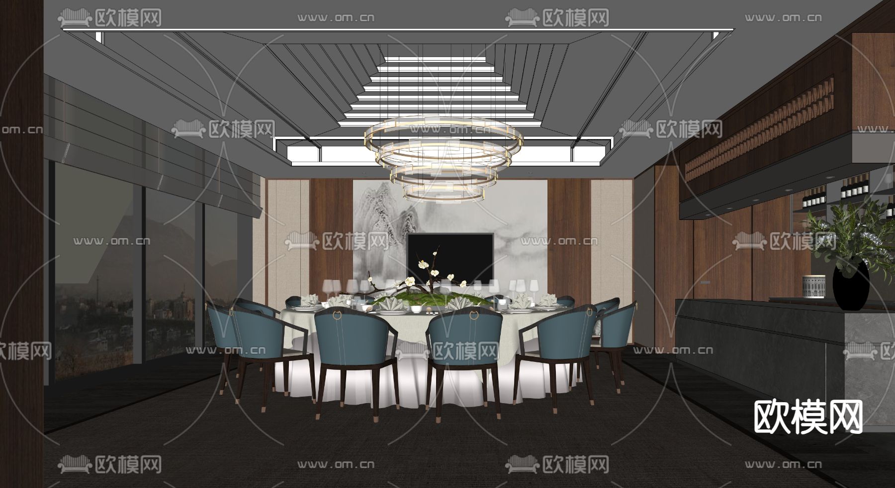 新中式餐厅包房 包厢su模型下载（渲染图1）