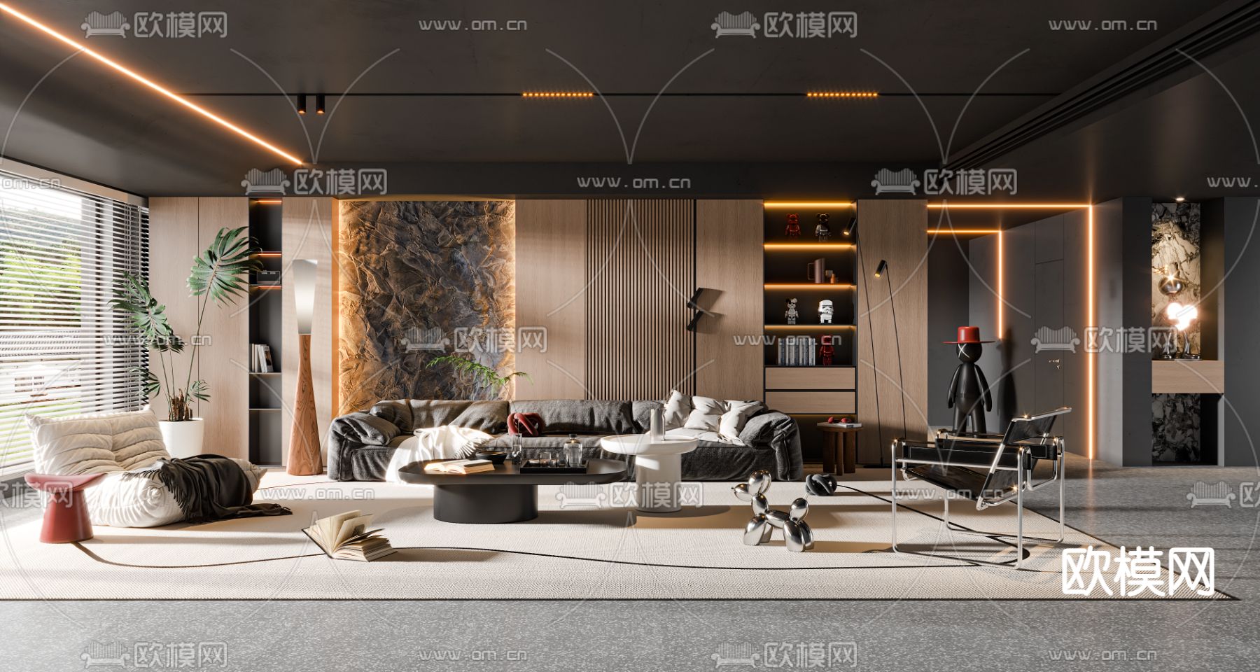 暗黑风客厅su模型下载（渲染图2）