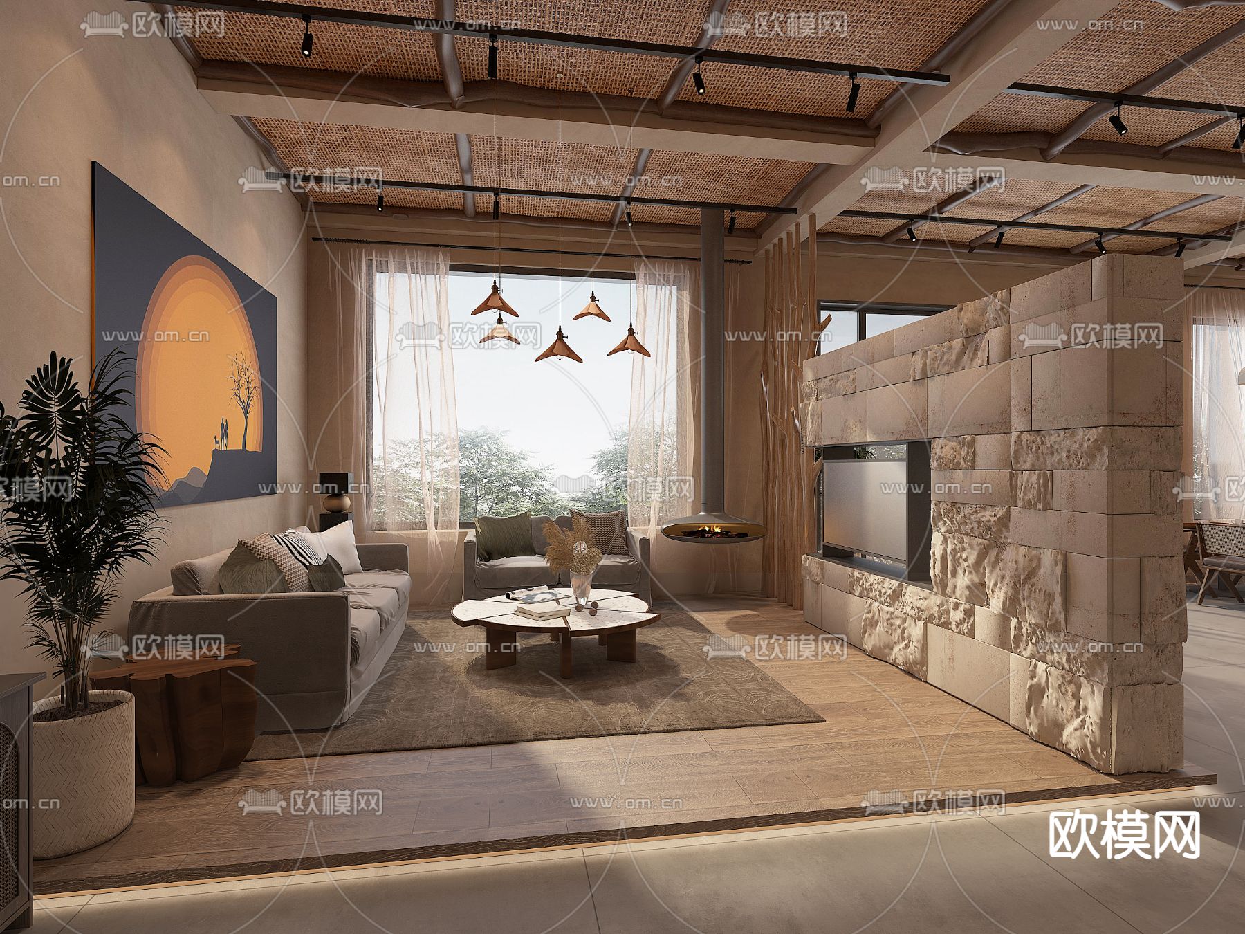 自然风民宿 大堂3d模型下载（渲染图2）