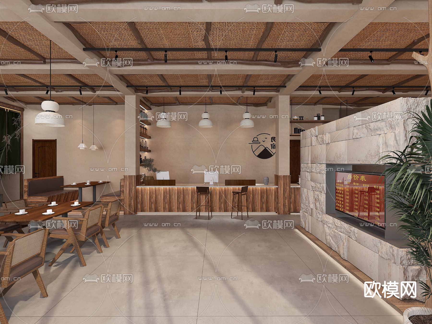 自然风民宿 大堂3d模型下载（渲染图1）