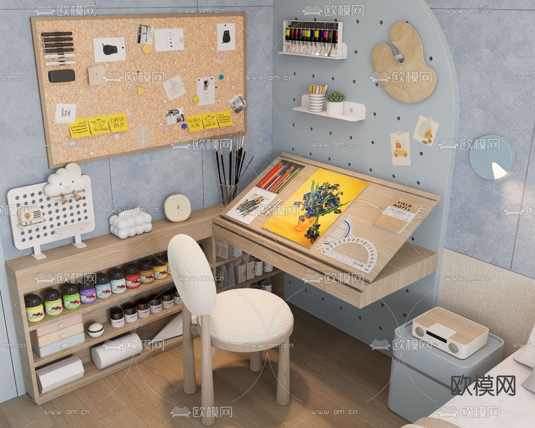绘画台 书桌椅 工作台su模型下载（渲染图3）