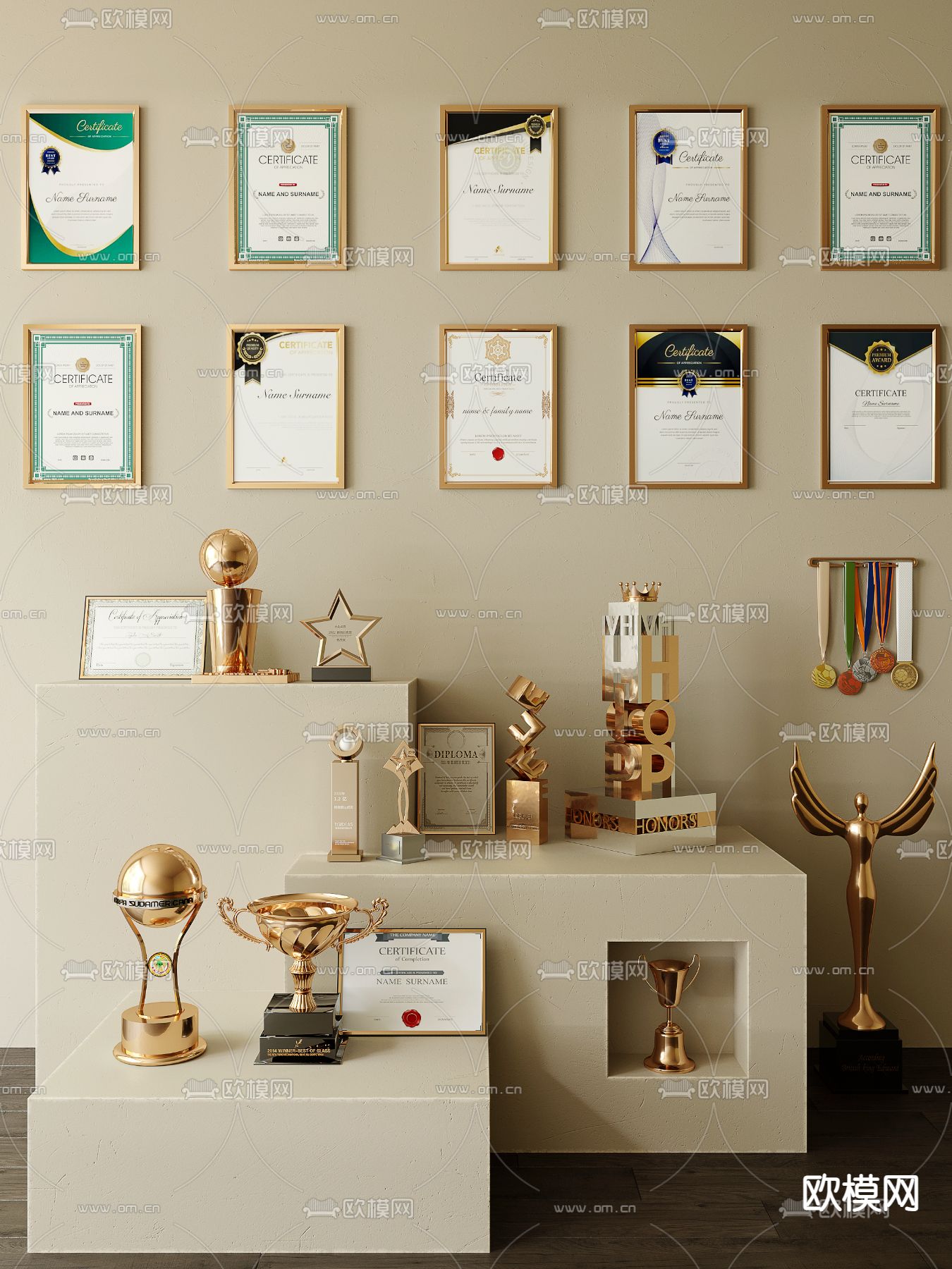 奖杯 奖牌 荣誉证书su模型下载（渲染图1）