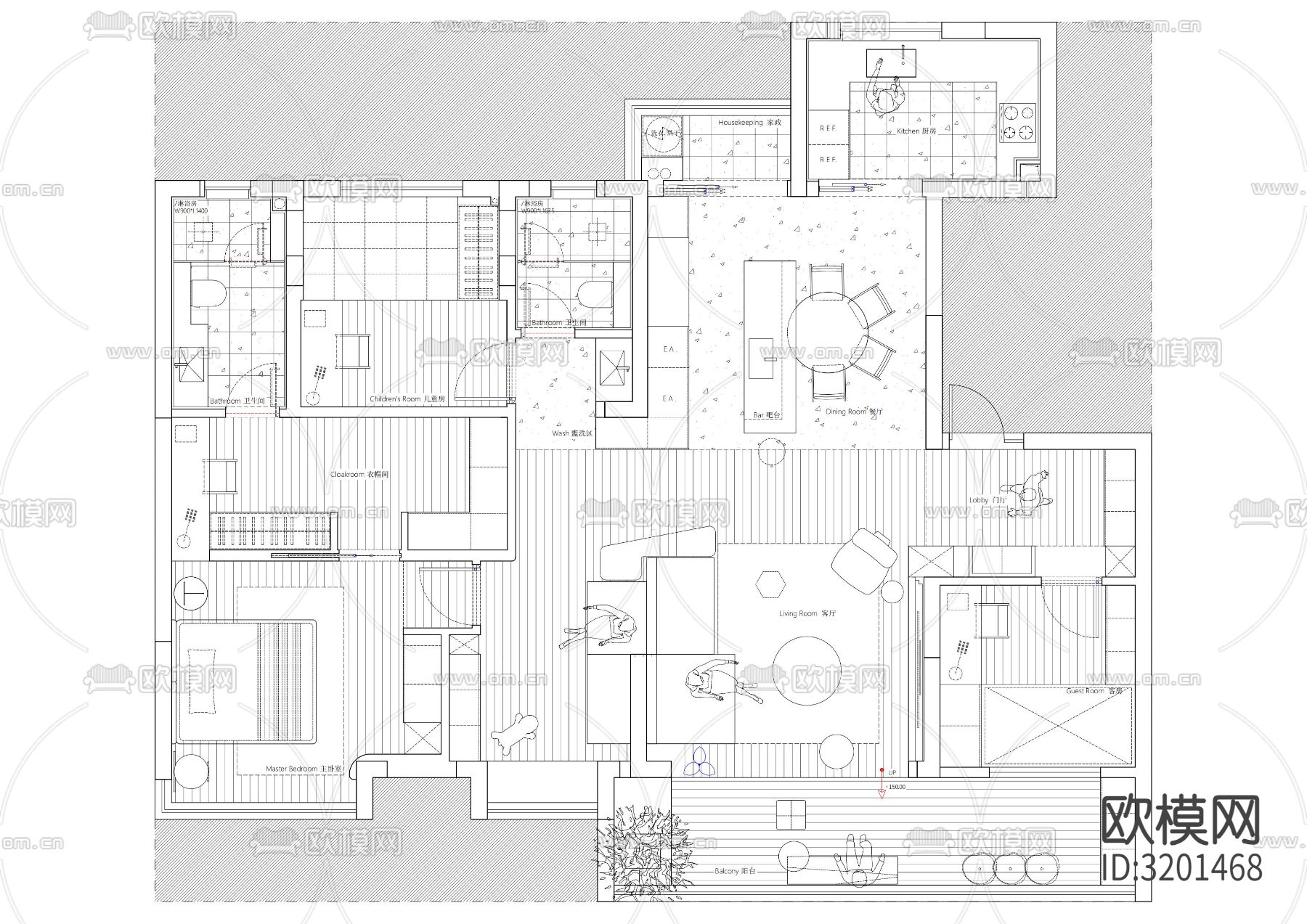 121平米户型cad平面图下载（渲染图1）