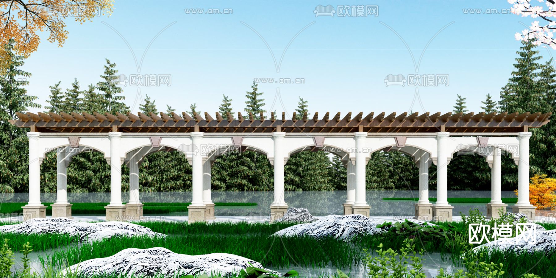 中式廊架3d模型下载