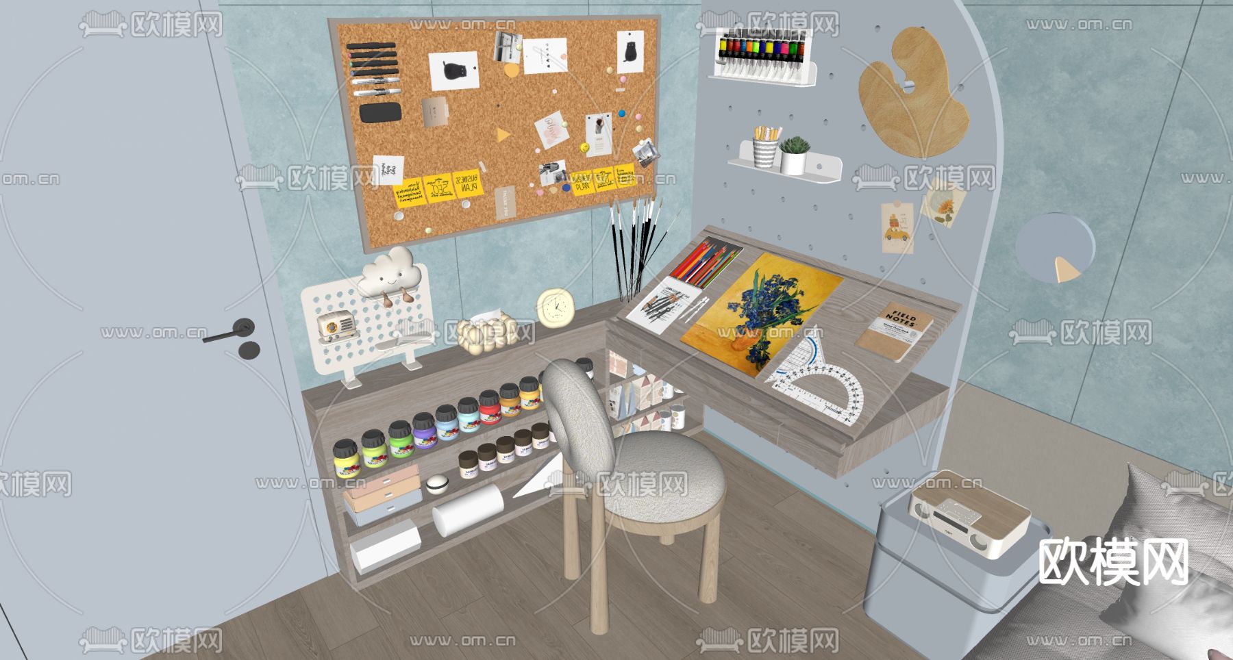 绘画台 书桌椅 工作台su模型下载（渲染图1）
