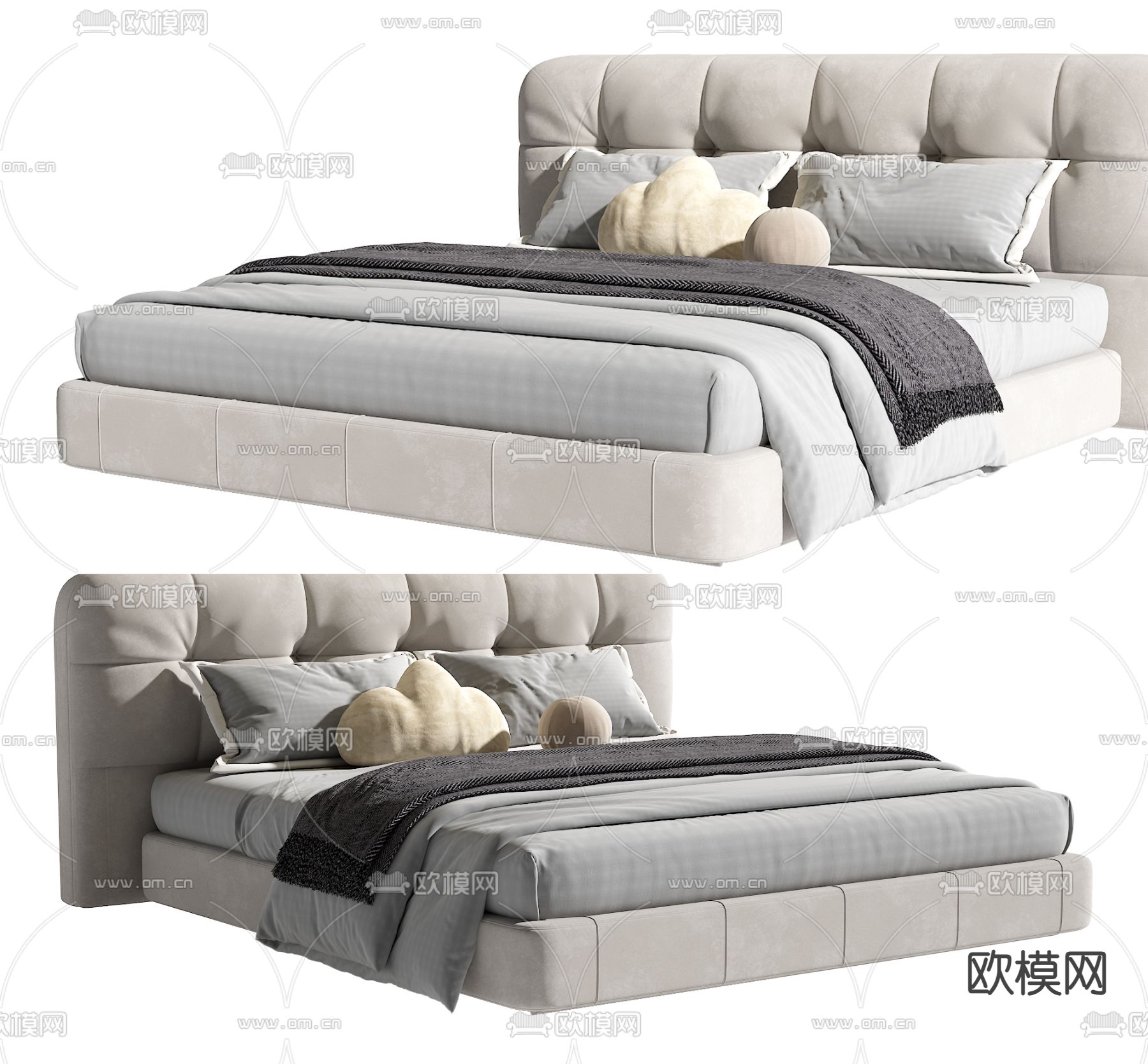 现代双人床su模型下载（渲染图1）