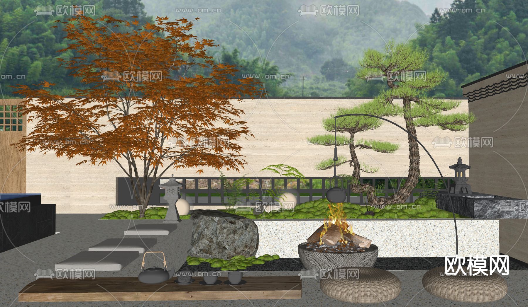 日式下沉庭院 景观su模型下载（渲染图3）