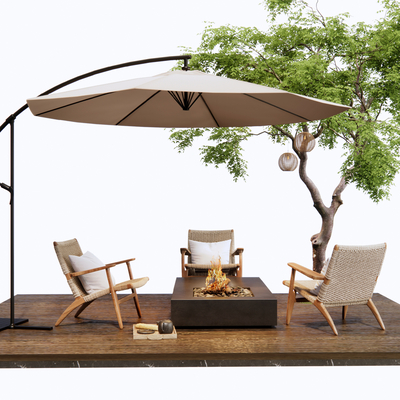  侘寂户外椅 遮阳伞su模型 