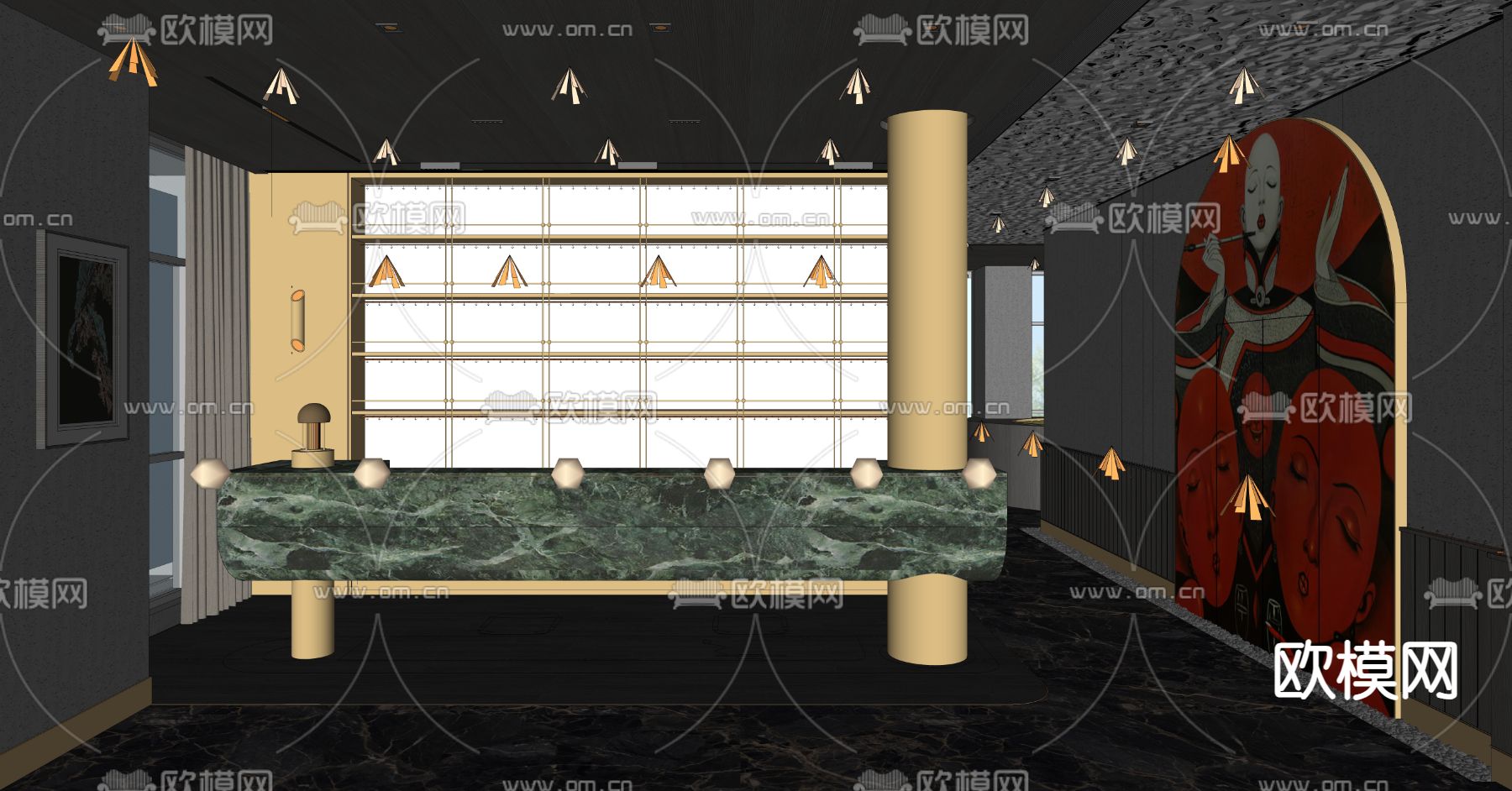 暗黑风餐厅前台su模型下载（渲染图1）