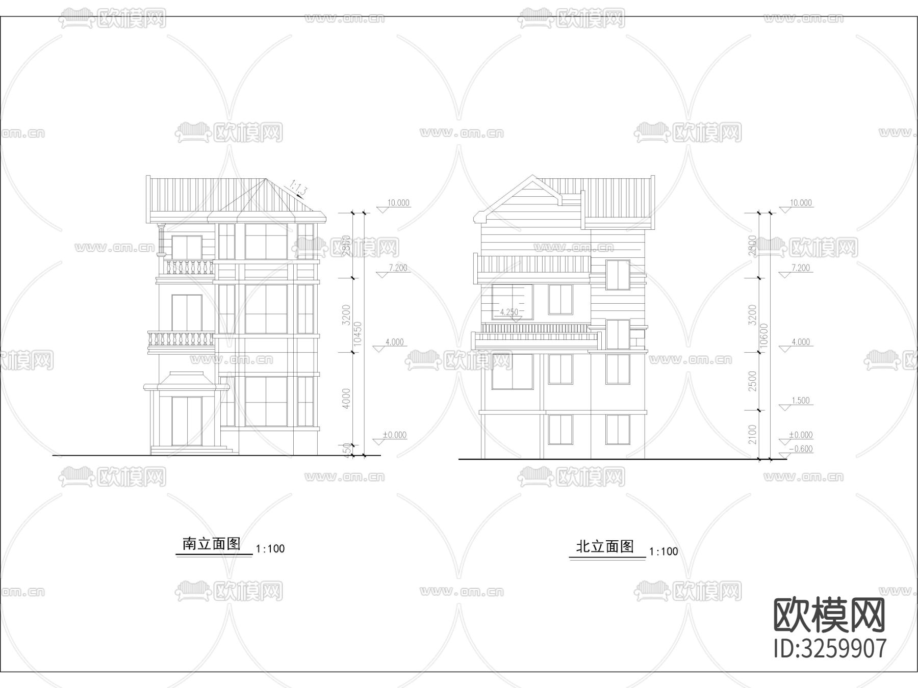 现代农村自建房 多层住宅cad平面图下载（渲染图2）