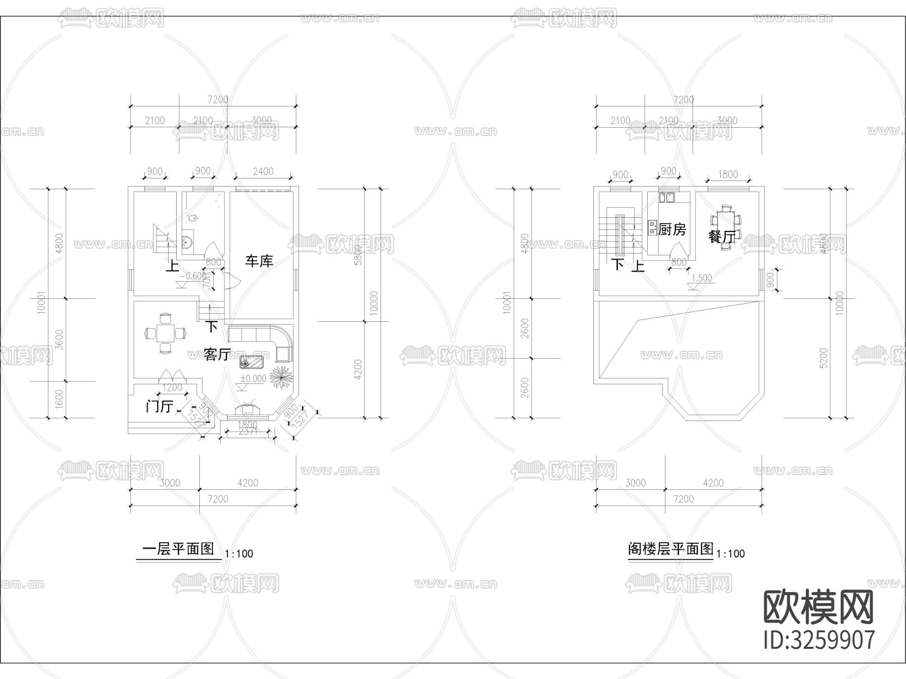 现代农村自建房 多层住宅cad平面图下载（渲染图1）