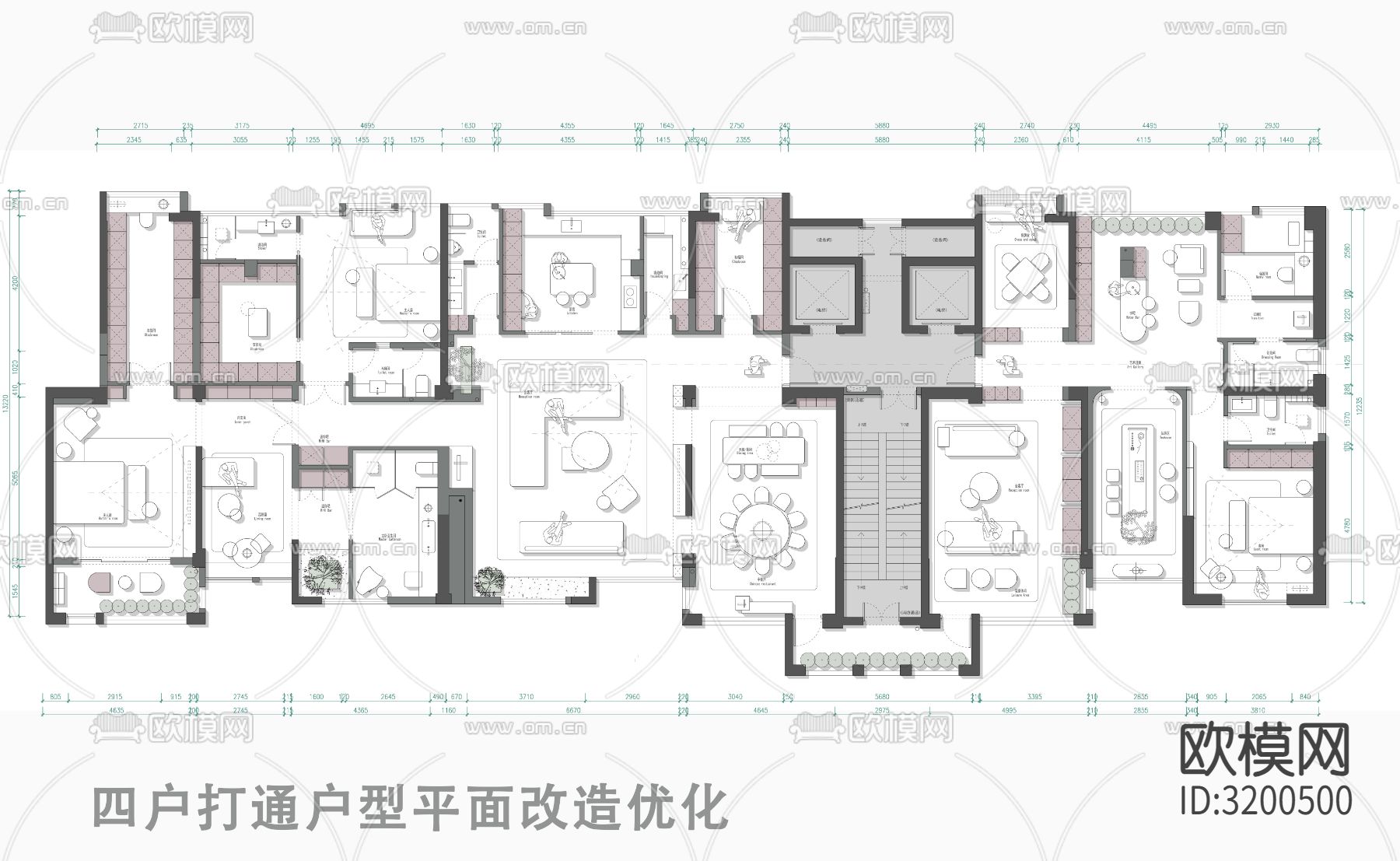 四户打通优化cad平面图下载（渲染图1）