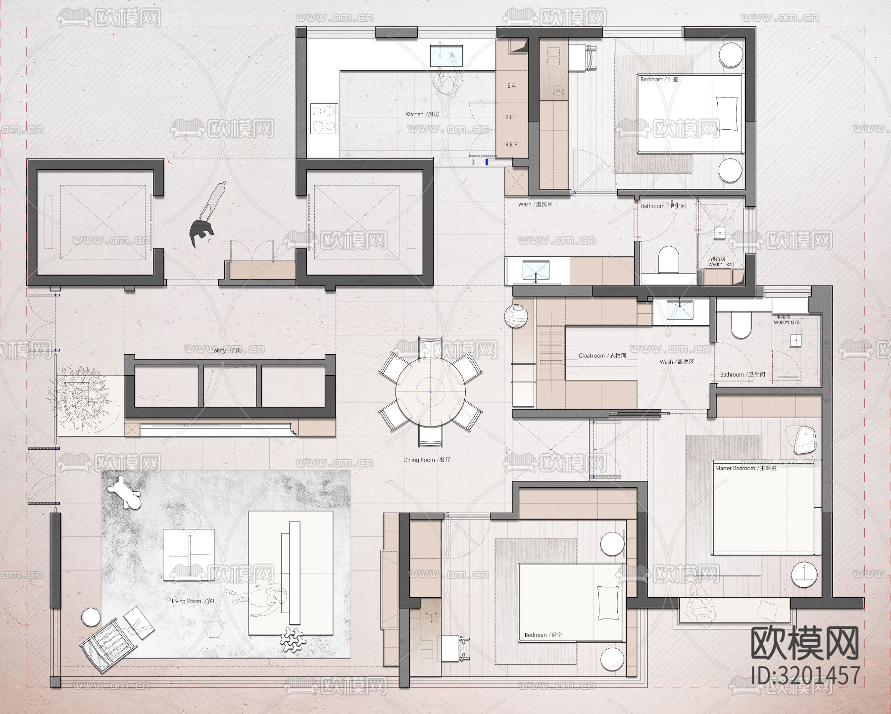 120平米户型cad平面图下载（渲染图2）