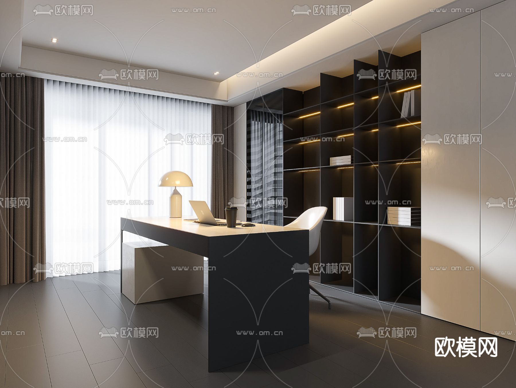 暗黑风书房su模型下载（渲染图2）
