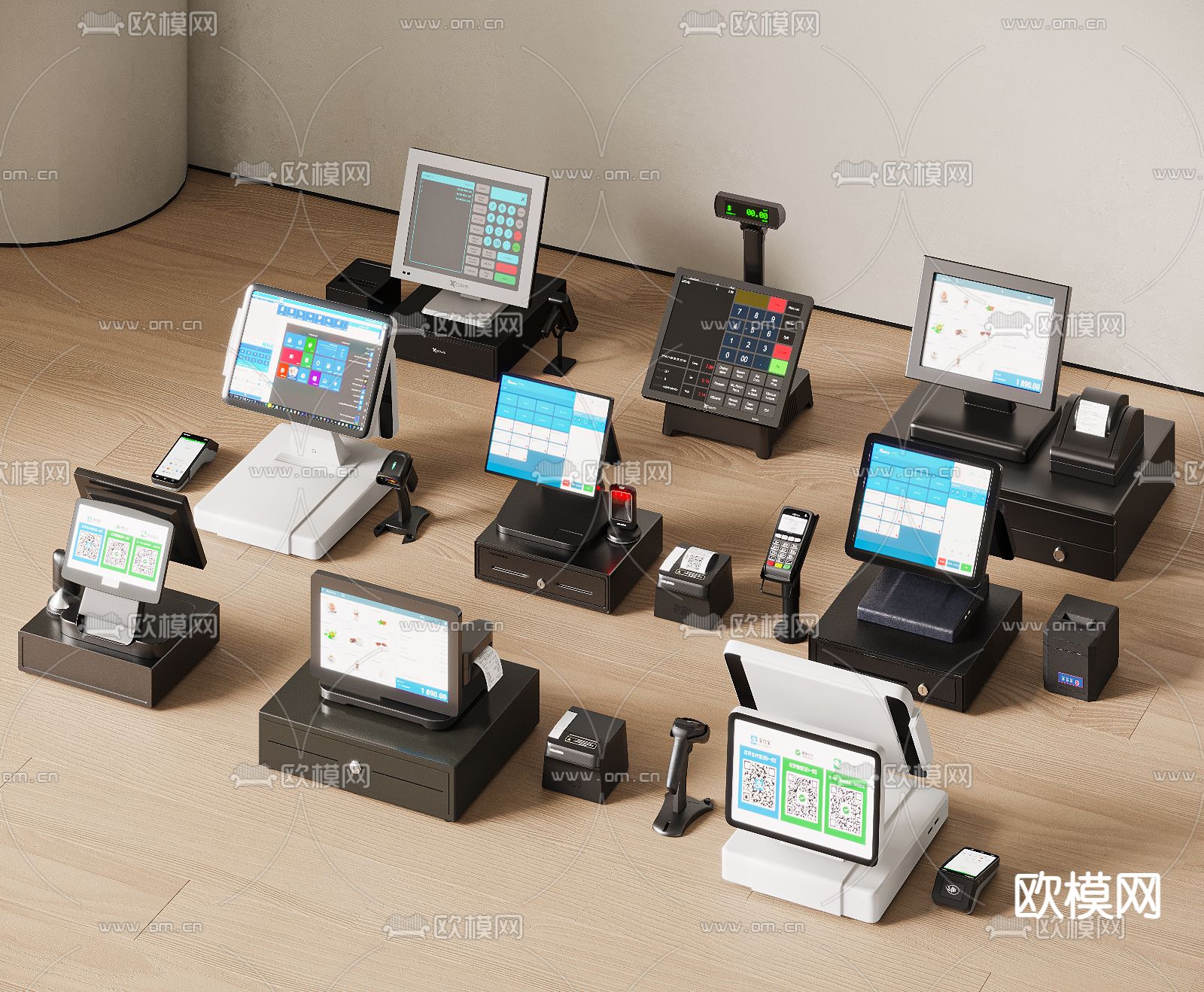 超市收银机 扫码器 收款机3d模型下载